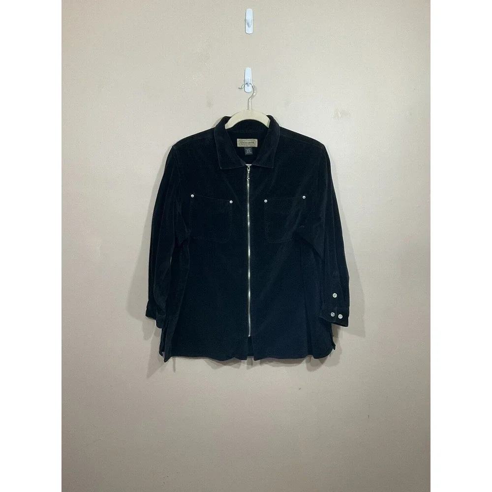 VTG Womens Velour Jacket 18/20 Black 90s Y2K Full Zip Pockets Goth Grunge Retro - Picture 1 of 7